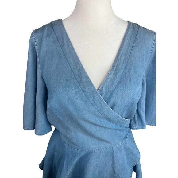 LOFT Chambray Blue Wrap Peplum Top Small Flutter Sleeves Adjustable Tie Waist - Picture 7 of 14